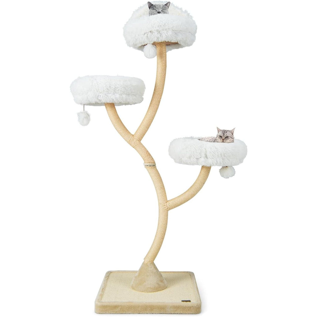 XXL Kattenboom 178 cm - 4 Etages - Kattentoren met Sisal Krabpalen - 3 Pluche Zitstokken - Hangende Pompons - Afneembare Kussens - Sterk Metalen Frame - Elegante Krabpaal voor Binnen - Beige