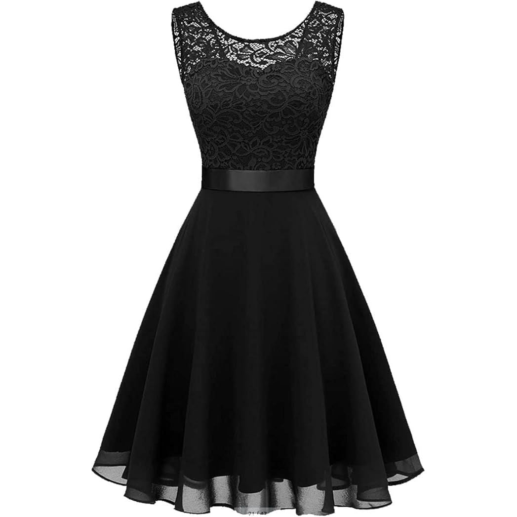 Dames Elegante Mouwloze Kantjurk - Maat XS – Cocktailjurk Met Bloemenpatroon – A-Lijn Feestjurk Met Ceintuur – Jurk Voor Bruiloft Galafeest Avondfeest Of Date – Chiffon Swingjurk Met Kant Bovenstuk En Onregelmatige Zoom