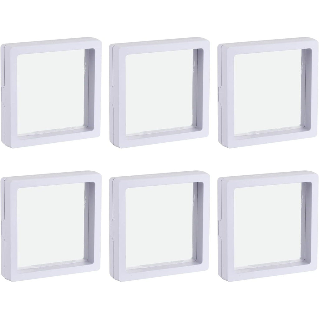 Set van 6 Floating Frame Display Houder - 3D Sieraden Display Box - 9 x 9 x 2 cm - Wit - Vierkante Acryl en TPU Display voor Ringen, Kettingen, Armbanden, Munten, Postzegels - Met Klapontwerp voor Makkelijk Gebruik en Bescherming