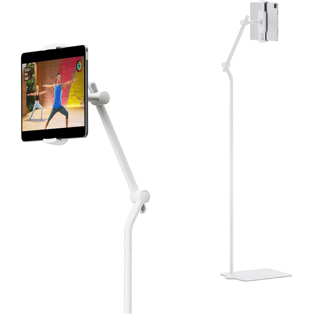 Twelve South - HoverBar Tower - Multi-Angle Universele Tablet- en iPad Vloerstandaard - Verstelbare Hoogte voor Apple Fitness+, Stationaire Fietsen, Treadmills, Yoga en Meer - Compatibel met Tablets en Smartphones (Wit)