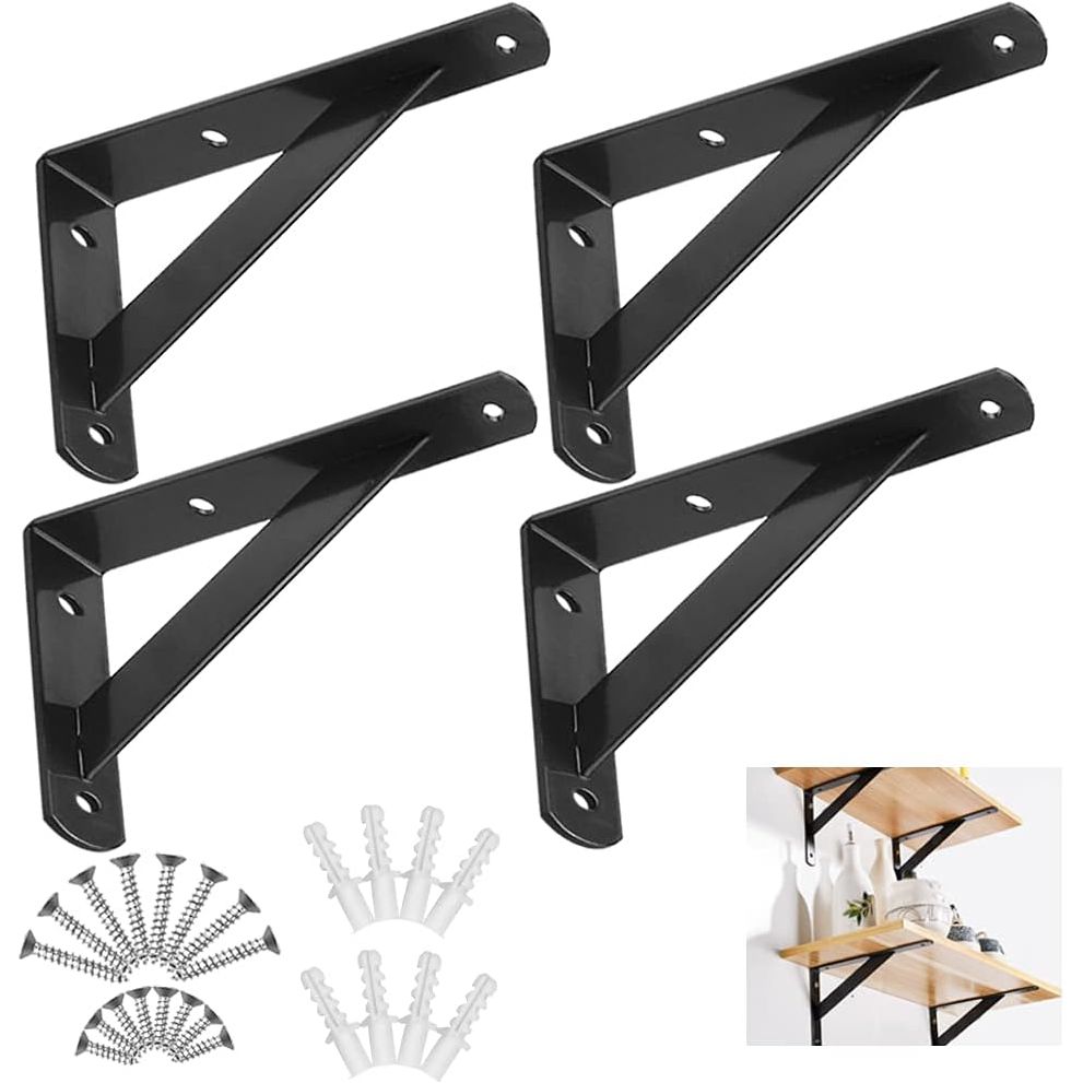 4 Stuks - Metalen Wandbeugels - Zware Hoekbeugels Voor Wandplanken - Triangel Plankendragers - 20 x 12 x 2.5 cm - 3mm Dikte - Inclusief 16 Schroeven en Pluggen - Zwarte Plankhouders - Decoratief Wandbeslag Voor Opslag en Display