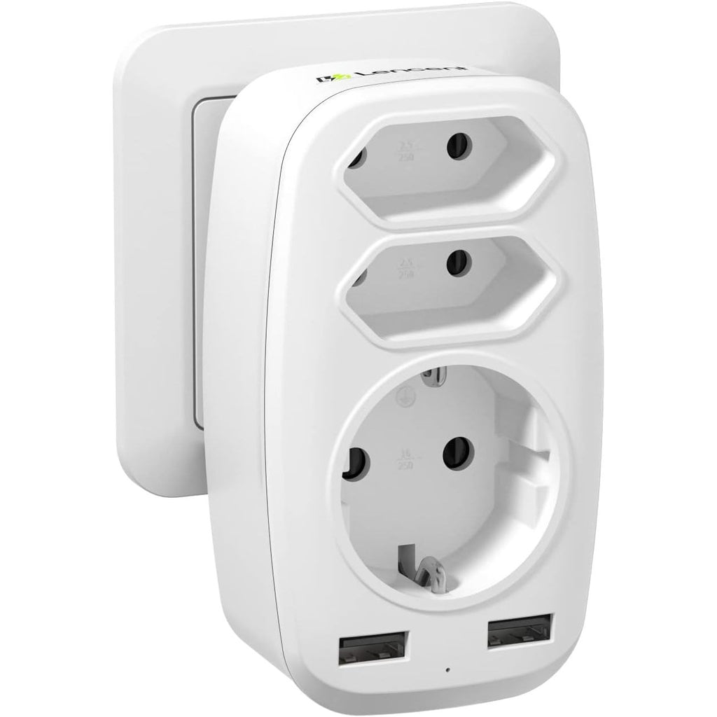 5-in-1 USB Stekkerdoos - 1 AC Schuko Stopcontact - 2 Euro-stekkers - 2 USB-poorten - 4000W Vermogen - Kinder- en Overspanningsbeveiliging - LED-Display - Compact en Duurzaam