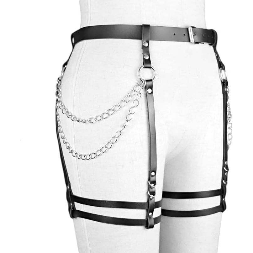 Punk Leren Body Chain – Verstelbare Harness Garter Riem Met Beenbanden – Zwarte Gothic Lichaamsketting Voor Vrouwen – Sexy Leren Heupriem Met Gespen En Metalen Ringen – Voor Festival, Cosplay, Clubwear En Alternatieve Outfits
