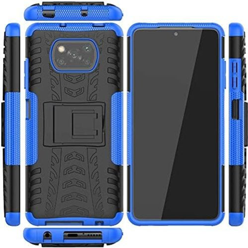 Robuust Xiaomi Poco-X3 Hoesje met Standaard en Glas Schermbeveiliging - Optimale-Bescherming - Ideaal voor Actieve Levensstijl - Blauw
