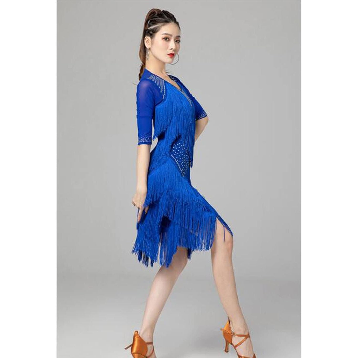 Dansjurk Ballroom, Tango, Salsa - Moderne Wals Kostuum - Dames Prestatiekleding - Blauw