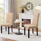 2 stuks eetkamerstoelen met hoge rug – gestoffeerde stoffen dining chairs – Parsons stijl stoel met houten poten – nagelrand afwerking – keukenstoel set khaki – 45.5 x 62 x 103 cm – moderne eetkamerstoelen met verstelbare poten