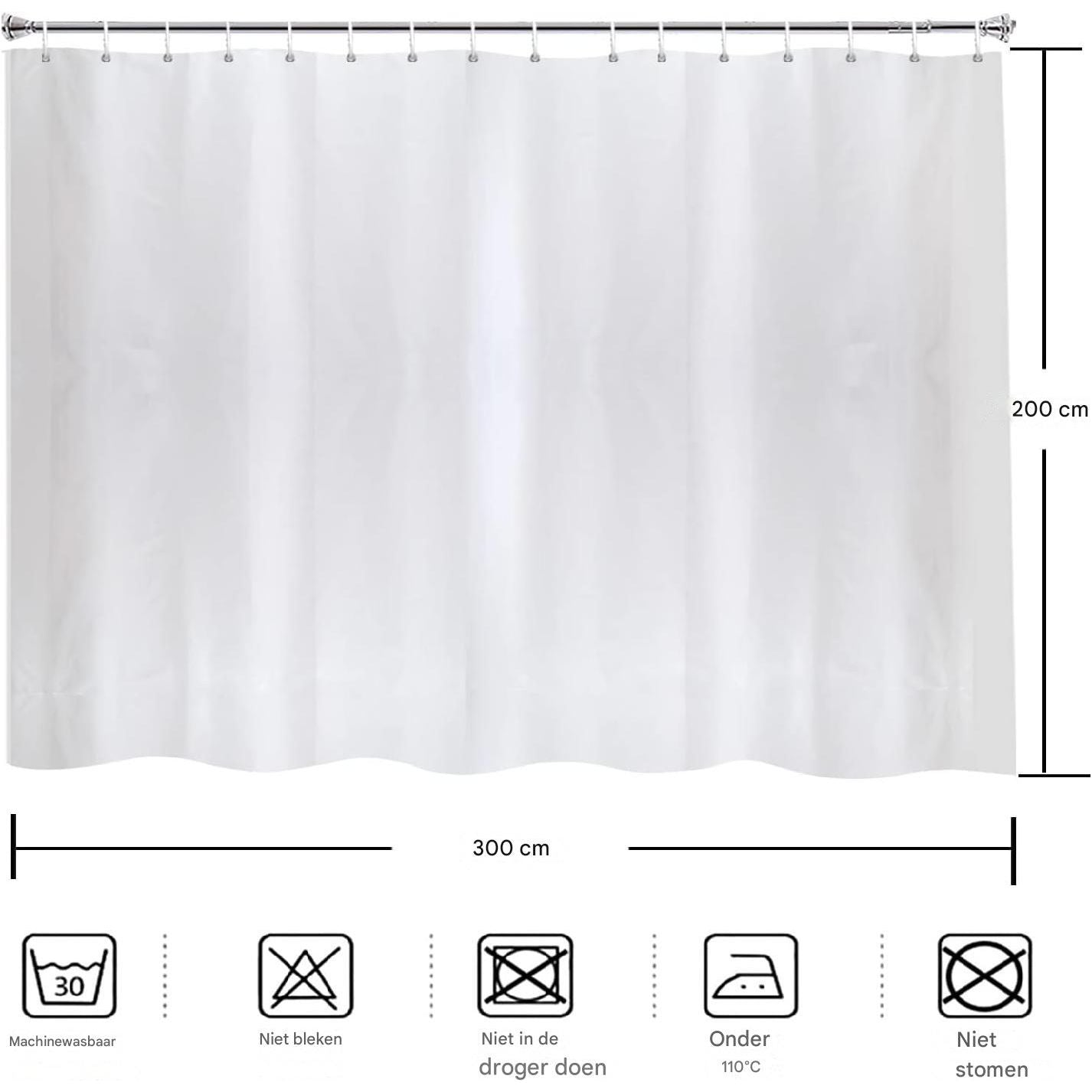 Wit Douchegordijn - 300 x 200 cm - Waterafstotend, Anti-Schimmel Douchegordijn met Magneet - Inclusief Kunststof Haken - Polyester Stof - Oversized Douchegordijn voor Badkamer