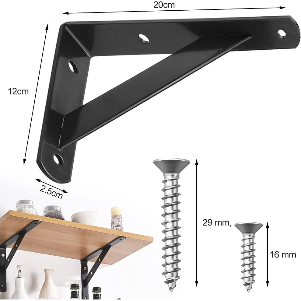 4 Stuks - Metalen Wandbeugels - Zware Hoekbeugels Voor Wandplanken - Triangel Plankendragers - 20 x 12 x 2.5 cm - 3mm Dikte - Inclusief 16 Schroeven en Pluggen - Zwarte Plankhouders - Decoratief Wandbeslag Voor Opslag en Display