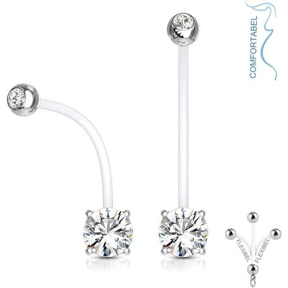 50 Stuks - Bioflex Zwangerschapsnavelpiercing - Iced Out Belly Ring - Transparant/Zilver - Dubbele Cubic Zirconia Steenzetting - Chirurgisch Staal - 14g (1.6mm) Dikte - 25mm Lengte - Comfortabel Buikpiercing voor Zwangerschap - Flexibel