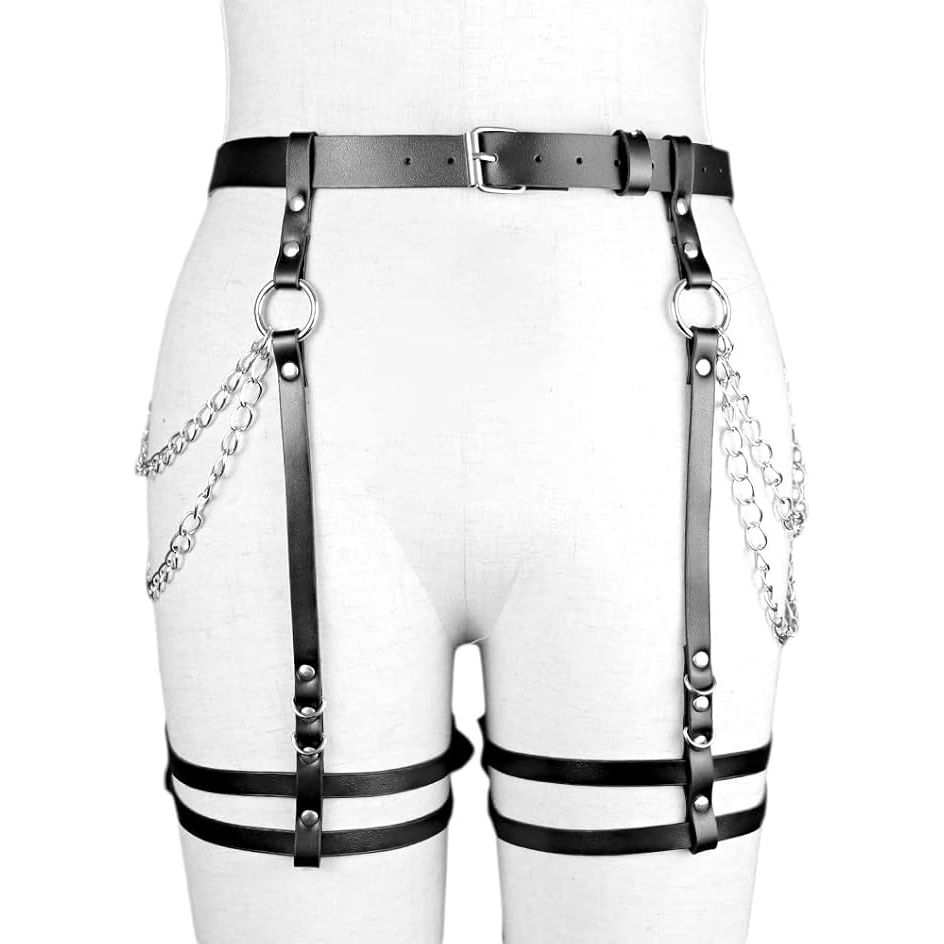 Punk Leren Body Chain – Verstelbare Harness Garter Riem Met Beenbanden – Zwarte Gothic Lichaamsketting Voor Vrouwen – Sexy Leren Heupriem Met Gespen En Metalen Ringen – Voor Festival, Cosplay, Clubwear En Alternatieve Outfits