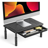 Monitorstandaard Verhoger – Verstelbare Monitor Riser met Lade – Ergonomische Bureauverhoger – 3 Hoogtes – Ventilerend Metalen Opzetstuk – Schermverhoger voor Laptop Printer PC – Zwart Monitorplatform
