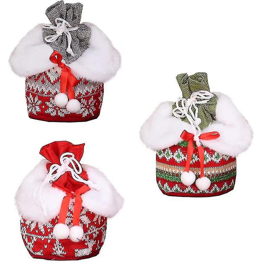 Kerstdecoraties 3D Ontwerp Stoffen Kerstzakken Breien Xmas Cadeauzakken Voor Kerstdecoraties Voor Kinderen - Set van 3 - Rood