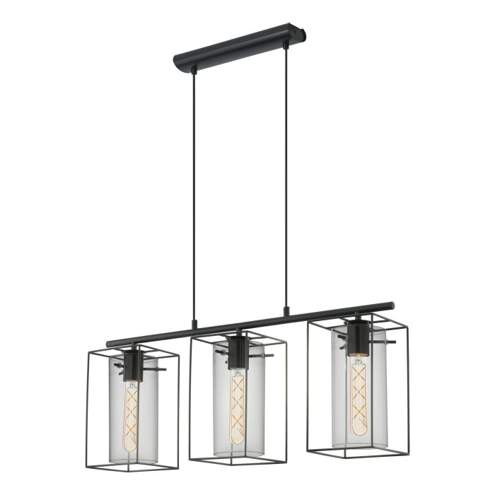 LONCINO Hanglamp - Industrieel Stalen Design - Zwart-Transparante Gerookte Glazen Kap - Moderne Plafondlamp - Geschikt Voor Woonkamer, Eetkamer, Keuken - 745mm Lang - Hoogte Verstelbaar Tot 1100mm - Geschikt Voor E27 Fitting