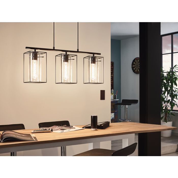 LONCINO Hanglamp - Industrieel Stalen Design - Zwart-Transparante Gerookte Glazen Kap - Moderne Plafondlamp - Geschikt Voor Woonkamer, Eetkamer, Keuken - 745mm Lang - Hoogte Verstelbaar Tot 1100mm - Geschikt Voor E27 Fitting