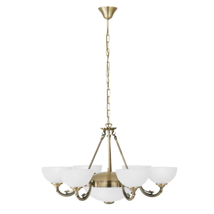 SAVOY Hanglamp - Gebronsde Metalen Behuizing - Witte Satijnen Glazen Kap - Elegante Plafondlamp - IP20 Veiligheidsklasse - Diameter 74 cm - Hoogte 110 cm - 220-240V, 50/60Hz