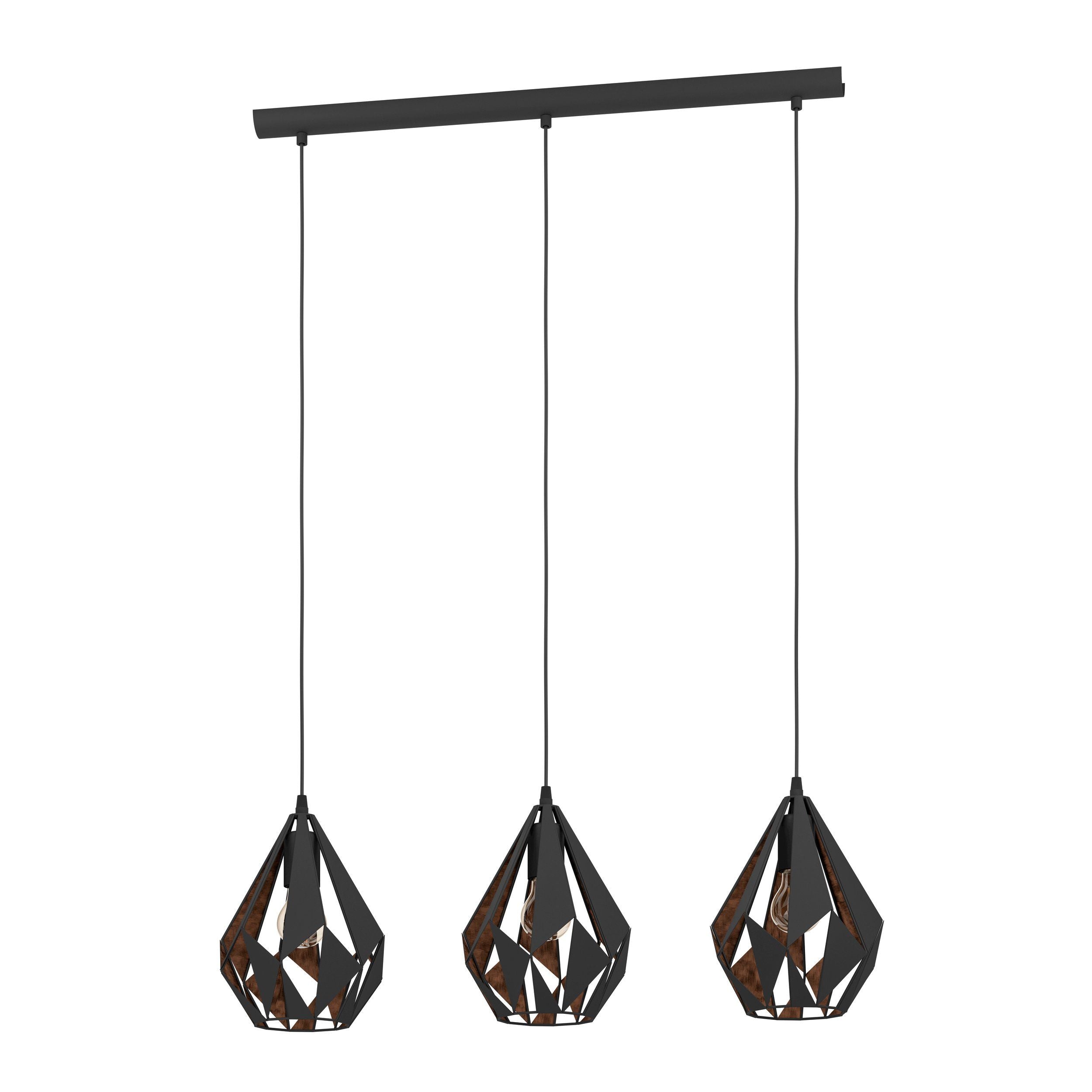 CARLTON 1 Hanglamp - Geometrisch Design in Zwart Metaal Met Koperkleurige Binnenkant - 3 Ruitvormige Kappen - Industriële Hanglamp - Geschikt Voor Woonkamer, Eetkamer, Keuken - 805mm Lang - E27 Fitting