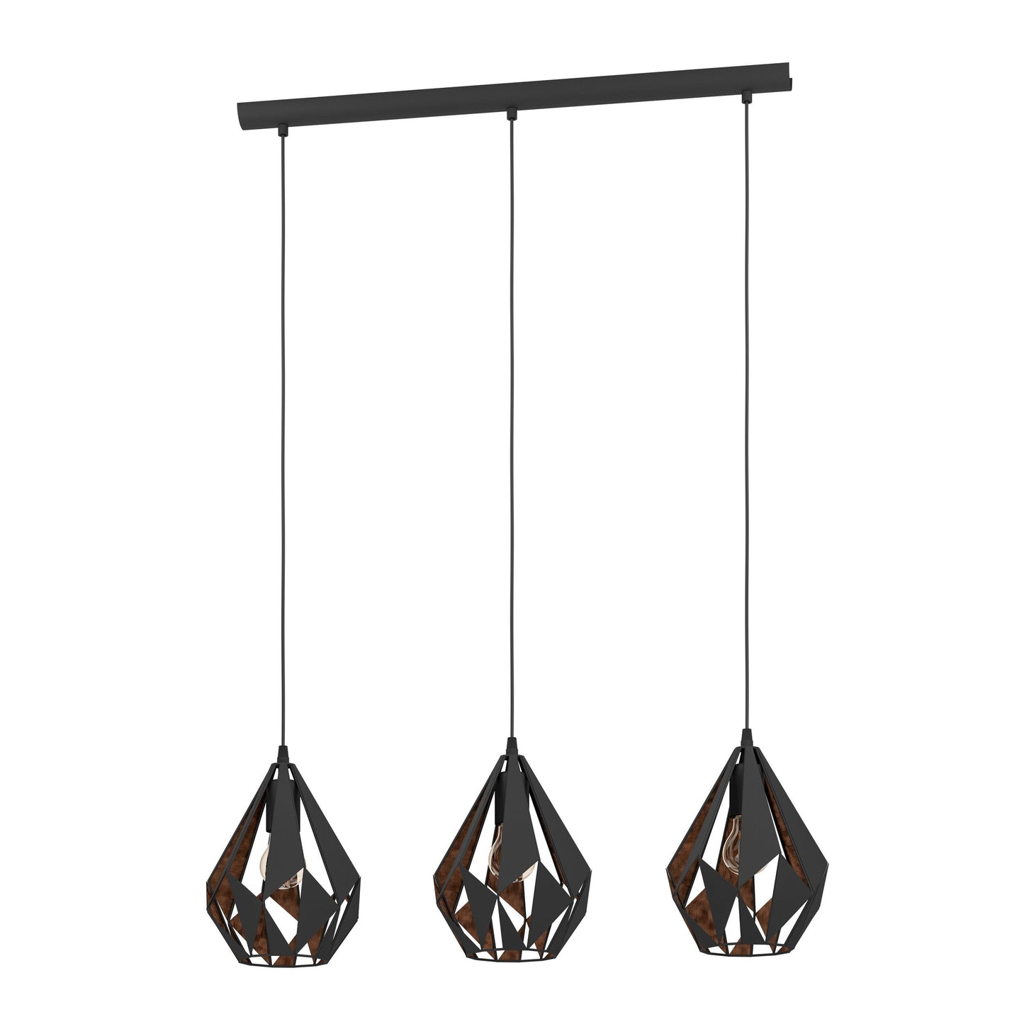 CARLTON 1 Hanglamp - Geometrisch Design in Zwart Metaal Met Koperkleurige Binnenkant - 3 Ruitvormige Kappen - Industriële Hanglamp - Geschikt Voor Woonkamer, Eetkamer, Keuken - 805mm Lang - E27 Fitting