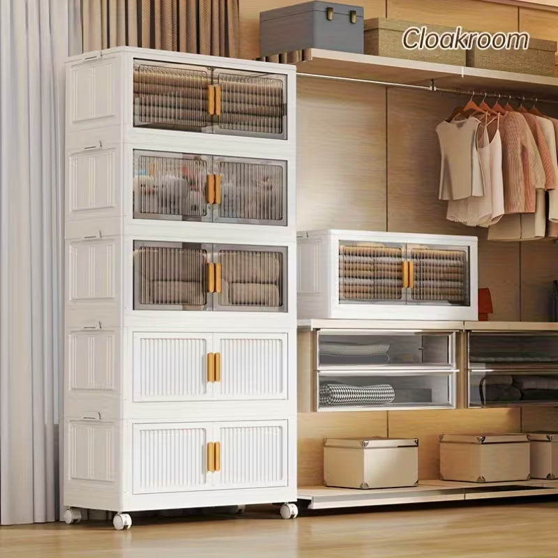 Opvouwbare opbergkast met 5 lagen – 110 cm hoog – verrijdbare plastic kast met dubbele deuren en wielen – 45 x 27 cm – ruimtebesparend opbergsysteem – inklapbare multifunctionele kast – ideaal voor speelgoed, boeken en huishoudartikelen