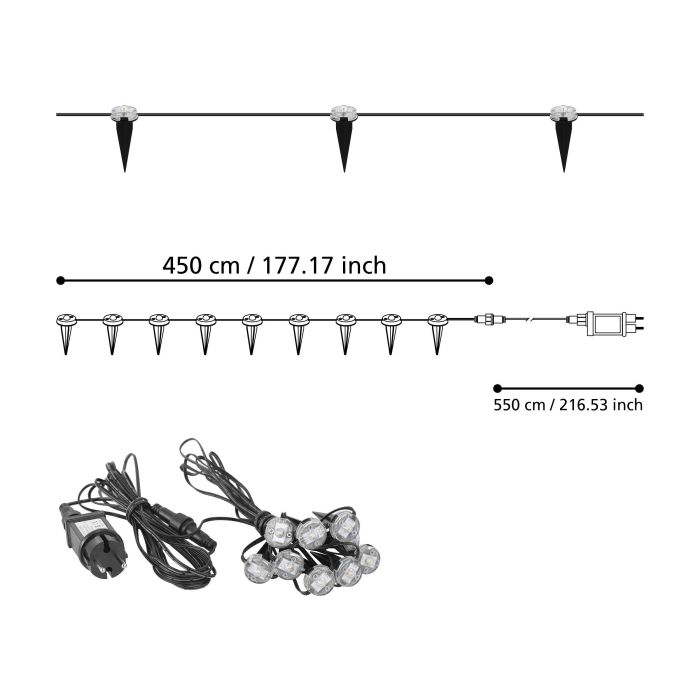 Eglo LED lichtsnoer voor buiten – 10 meter prikkabel met 9 LED lampen – warm wit licht – IP65 waterdicht – decoratieve buitenverlichting – tuin, terras en balkon lichtketting – geïntegreerde LED module – energiezuinige tuinverlichting