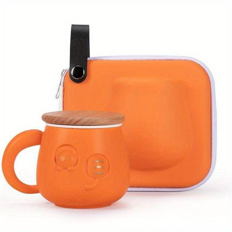 Oranje Kantoorbeker met Schattig Kattendesign - Keramische Theebeker met Deksel en Filter, 12.9 x 9.5 cm - Inclusief Reistas, Ideaal voor Thee- en Waterliefhebbers