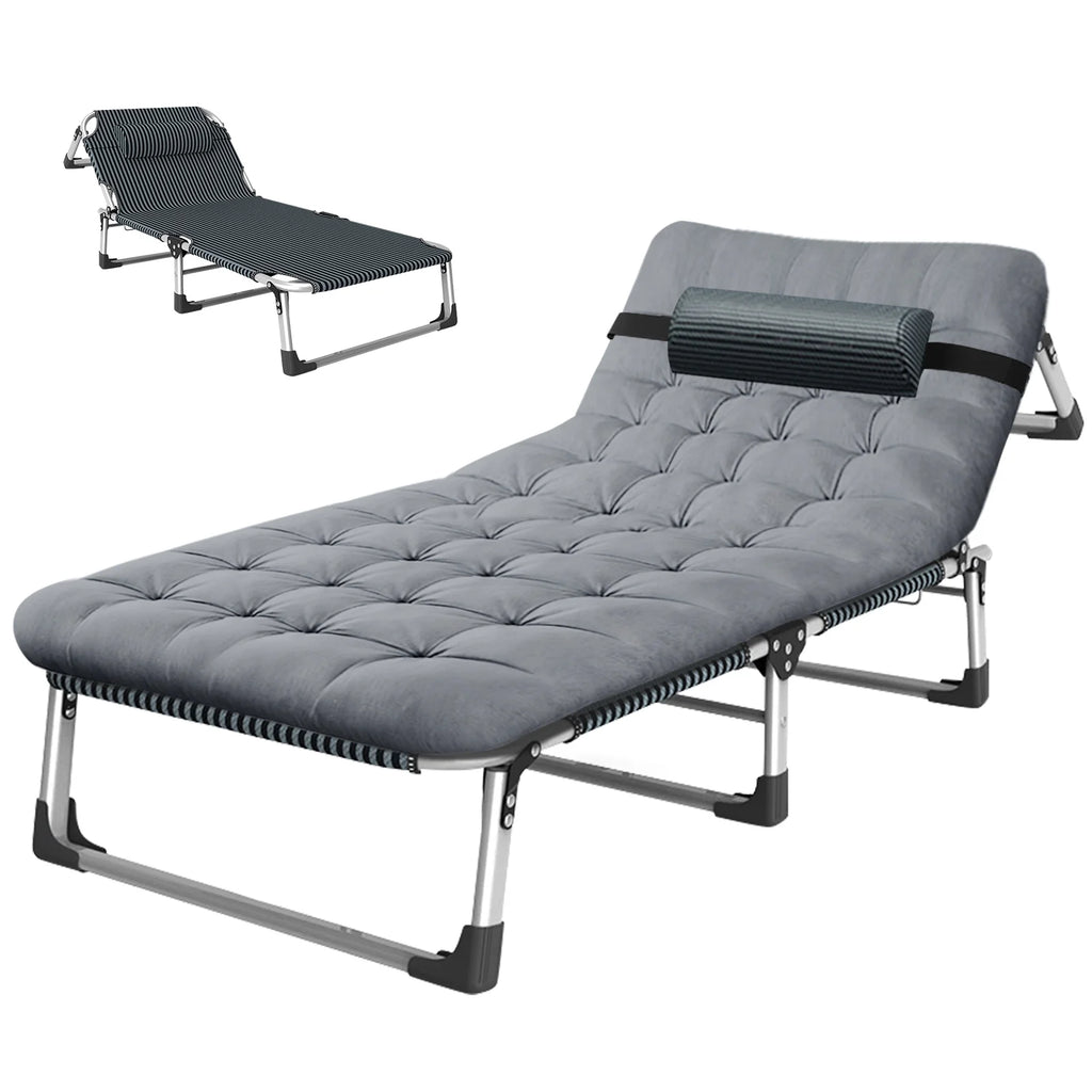 Opvouwbare Ligstoel – Draagbaar Campingbed voor Volwassenen en Kinderen – Sterke Stalen Constructie met Dubbel Laags 1200D Oxford Stof – Comfortabel Strandbed, Reisbed of Logeerbed – Inklapbaar Vouwbed met Hoofdkussen – Grijs Gestreept Ontwerp