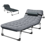 Opvouwbare Ligstoel – Draagbaar Campingbed voor Volwassenen en Kinderen – Sterke Stalen Constructie met Dubbel Laags 1200D Oxford Stof – Comfortabel Strandbed, Reisbed of Logeerbed – Inklapbaar Vouwbed met Hoofdkussen – Grijs Gestreept Ontwerp