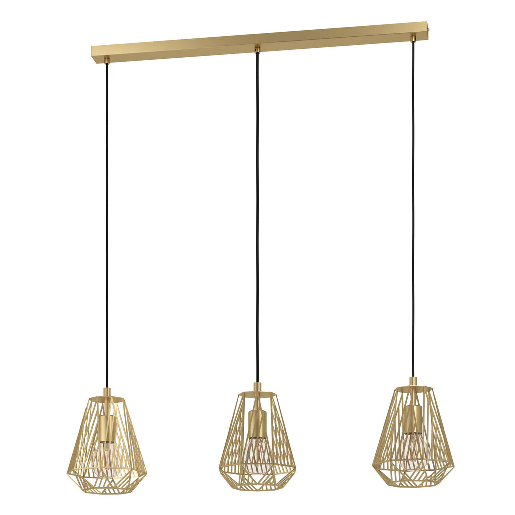 EGLO Hanglamp Stype - Eettafellamp - Metaal - Mat Messing - 3-Lichtbronnen - Diamantvormige Draadlampenkappen - Zwarte Stoffen Snoeren - E27 Fitting - Dimbaar - Industrieel Design - Hoogte 110 cm - Lengte 96 cm - Breedte 20 cm