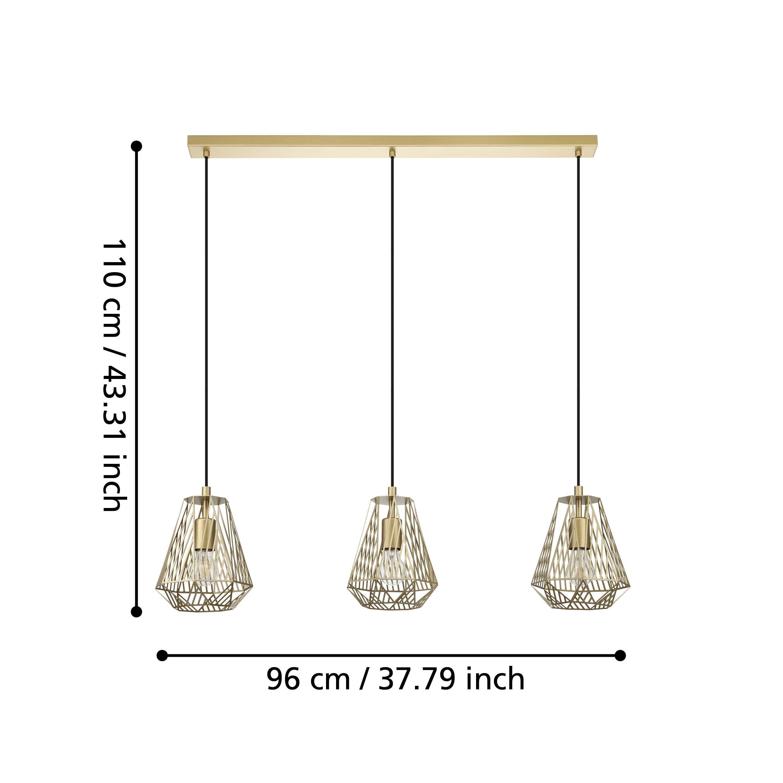 EGLO Hanglamp Stype - Eettafellamp - Metaal - Mat Messing - 3-Lichtbronnen - Diamantvormige Draadlampenkappen - Zwarte Stoffen Snoeren - E27 Fitting - Dimbaar - Industrieel Design - Hoogte 110 cm - Lengte 96 cm - Breedte 20 cm