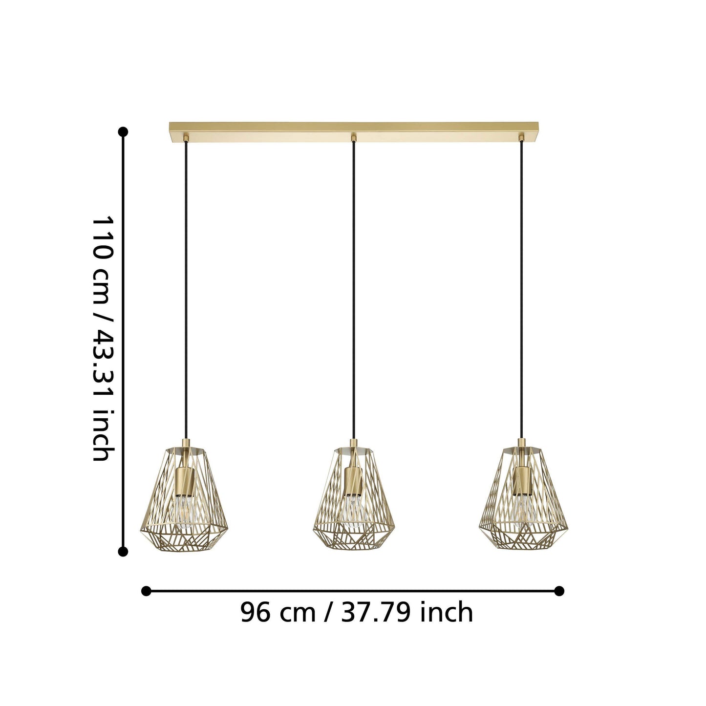 EGLO Hanglamp Stype - Eettafellamp - Metaal - Mat Messing - 3-Lichtbronnen - Diamantvormige Draadlampenkappen - Zwarte Stoffen Snoeren - E27 Fitting - Dimbaar - Industrieel Design - Hoogte 110 cm - Lengte 96 cm - Breedte 20 cm