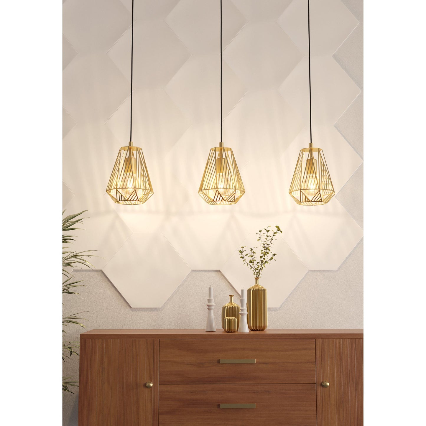 EGLO Hanglamp Stype - Eettafellamp - Metaal - Mat Messing - 3-Lichtbronnen - Diamantvormige Draadlampenkappen - Zwarte Stoffen Snoeren - E27 Fitting - Dimbaar - Industrieel Design - Hoogte 110 cm - Lengte 96 cm - Breedte 20 cm