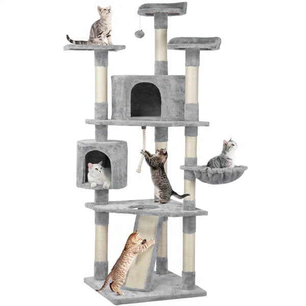Yaheetech XXL Krabpaal 200 cm - Kattenboom met Meerdere Verdiepingen, 2 Kattenhuisjes, 3 Ligplateaus, Mand, Klimplank &amp; 9 Sisal Krabpalen - Inclusief Anti-kantelset - Voor Meerdere Katten - Donkergrijs