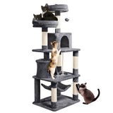 Yaheetech XXL Krabpaal 158 cm – Kattenboom met 2 Kattenhuisjes, 2 Ligplateaus, Hangmat, 6 Krabpalen &amp; Speelballen – Voor Meerdere Katten – Donkergrijs