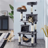 Yaheetech XXL Krabpaal 158 cm – Kattenboom met 2 Kattenhuisjes, 2 Ligplateaus, Hangmat, 6 Krabpalen &amp; Speelballen – Voor Meerdere Katten – Donkergrijs