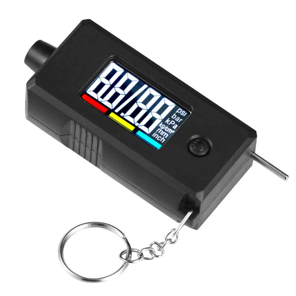 CZC AUTO Digitale Bandenspanningsmeter & Profieldieptemeter 2-in-1 – LCD Verlicht Display tot 100 PSI &amp; 15mm – Nauwkeurige Meting in 4 Drukeenheden – Auto, Motor, Fiets & Truck – Inclusief Sleutelhanger – Zwart