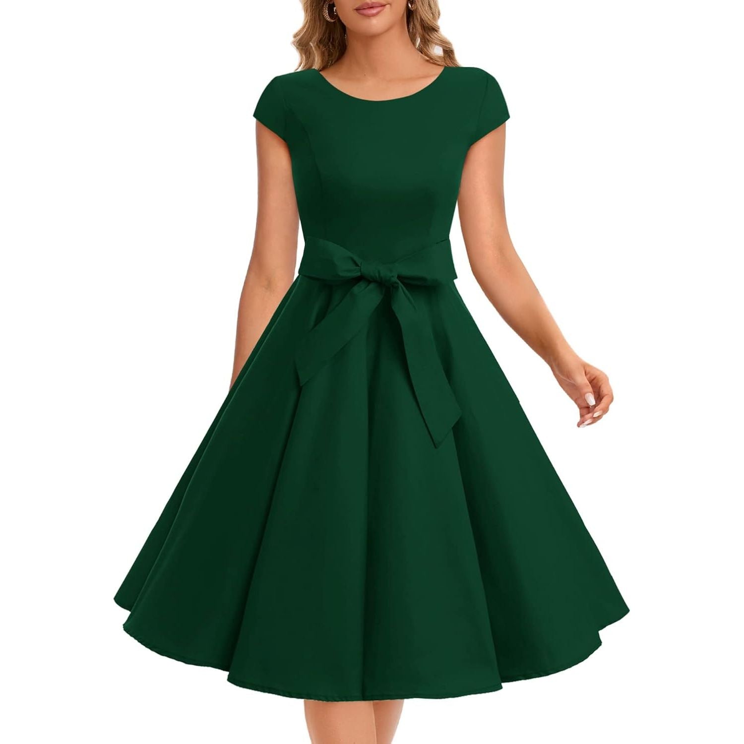 1950s Retro Swing Jurk voor Dames – Vintage Rockabilly Cocktailjurk – Met Capmouwtjes, V-Hals en Verwijderbare Riem – A-lijn Silhouet – Knielang – Perfect Voor Feestjes, Bruiloften, Proms en Themafeesten - Roze (kopie)