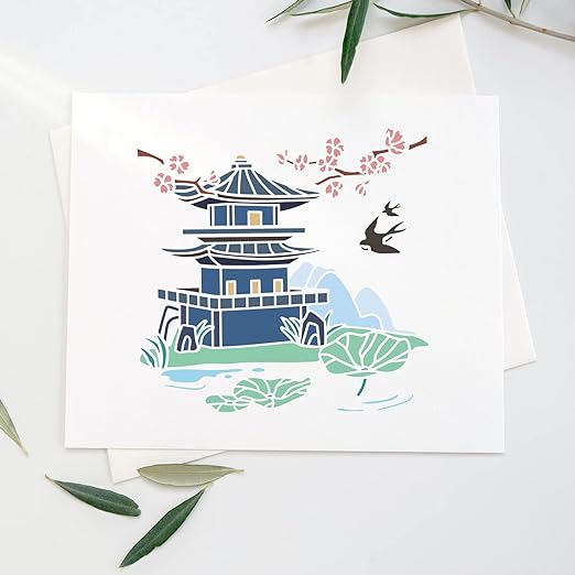 FINGERINSPIRE Oosterse Pagode Sjabloon 30x30cm - Traditionele Toren en Natuurelementen voor Thuisdecoratie - Flexibel, Herbruikbaar, Veilig voor Kinderen, Ideaal voor Muren, Meubels, Canvas en Meer