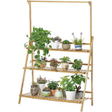 Bamboe Plantenrek – 3-Laags Opvouwbare Plantenstandaard – Plantentrap met Ophangrek – Bloementrap voor Binnen & Buiten – Houten Plantenhouder – Decoratief Bloemenrek – 100 x 40 x 96 cm – Inclusief Tuingereedschap & Haken – Ruimtebesparend & Stevig