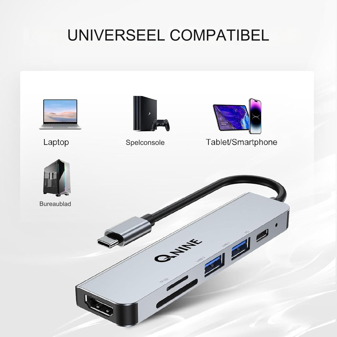 6 in 1 USB C Hub - 6 Poorten Aluminium USB C Adapter - 4K HDMI, 1080P VGA, USB 3.0x2, SD & TF Kaartlezer - 100W PD Opladen - Voor Type-C Apparaten - Hoge Resolutie, Snelle Gegevensoverdracht, Ideaal Voor Laptops - Draagbare Aluminium Behuizing