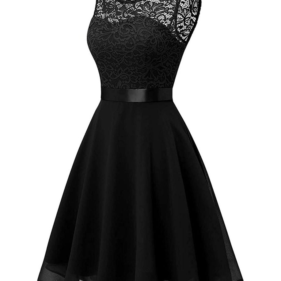 Dames Elegante Mouwloze Kantjurk - Maat XS – Cocktailjurk Met Bloemenpatroon – A-Lijn Feestjurk Met Ceintuur – Jurk Voor Bruiloft Galafeest Avondfeest Of Date – Chiffon Swingjurk Met Kant Bovenstuk En Onregelmatige Zoom