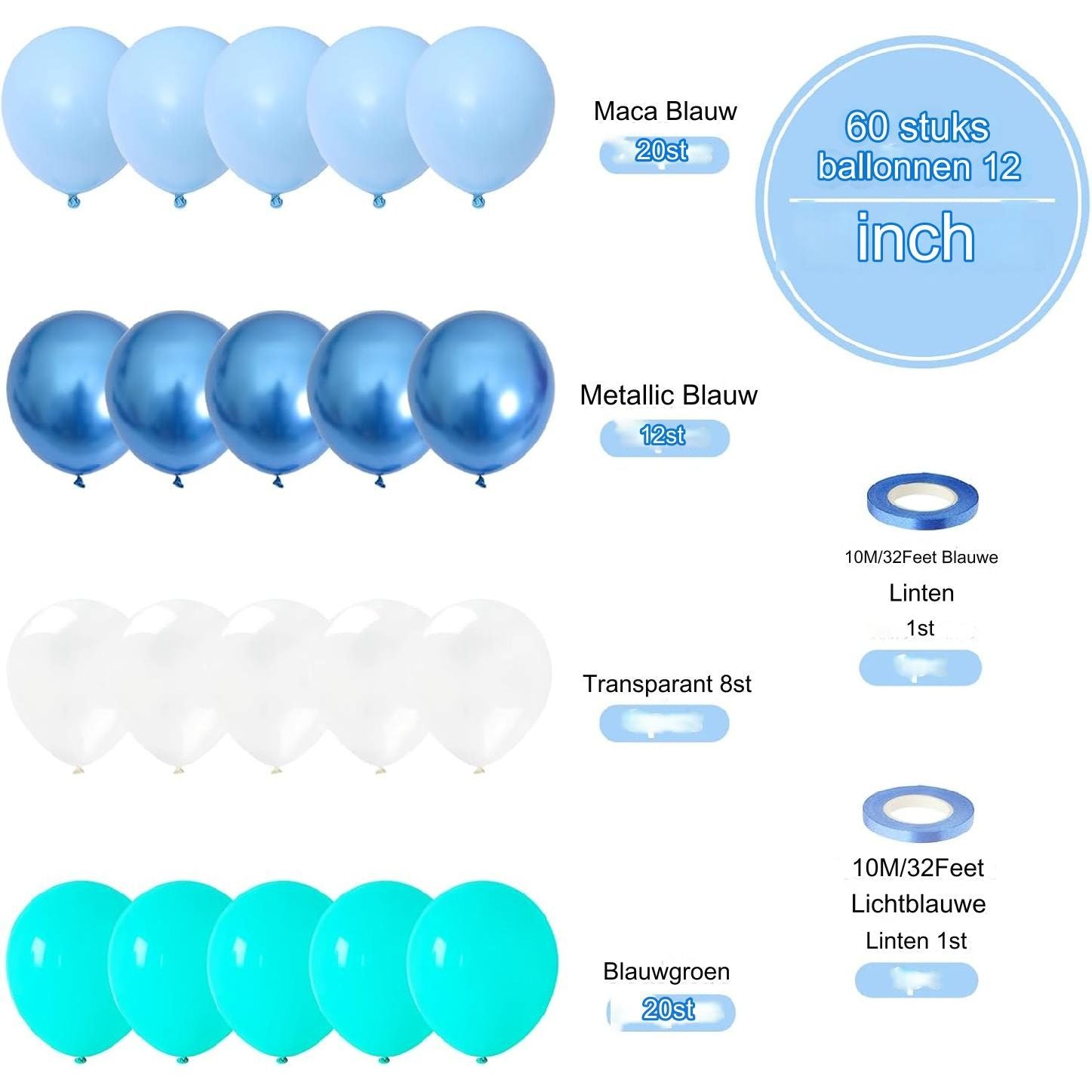 Set van 60 stuks blauwgroene ballonnen - 12 inch ballonnen met oceaanthema met lint - Perfect voor verjaardagen, babyshowers, onderwater- en oceaanfeestdecoraties - Inclusief pastelkleurige, metallic en transparante latexballonnen