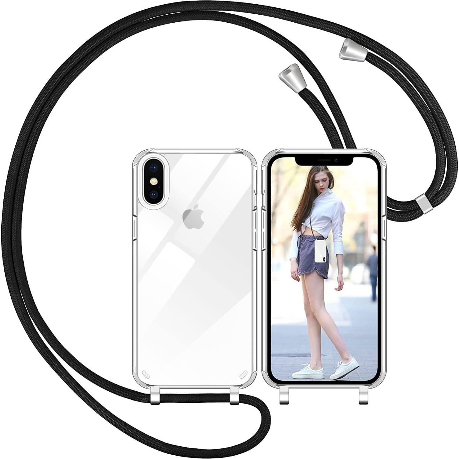 iPhone X/XS Hoesje Met Lanyard - Transparant Verstelbaar Nekkoord - Telefoonketting Hoes Met Volledige Bescherming - Geschikt Voor iPhone X/XS - Zwart 5.8