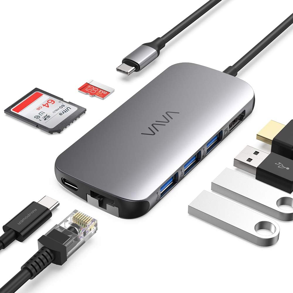 VAVA 8-in-1 USB C Hub Adapter - Ethernet, HDMI, SD/TF Kaartlezers, 3 USB 3.0-poorten en Oplaadpoort - Geniet van 4K Video Streaming, Snelle Gegevensoverdracht & Stabiele Internetverbindingen - Perfect voor Uitbreiding van Laptopconnectiviteit