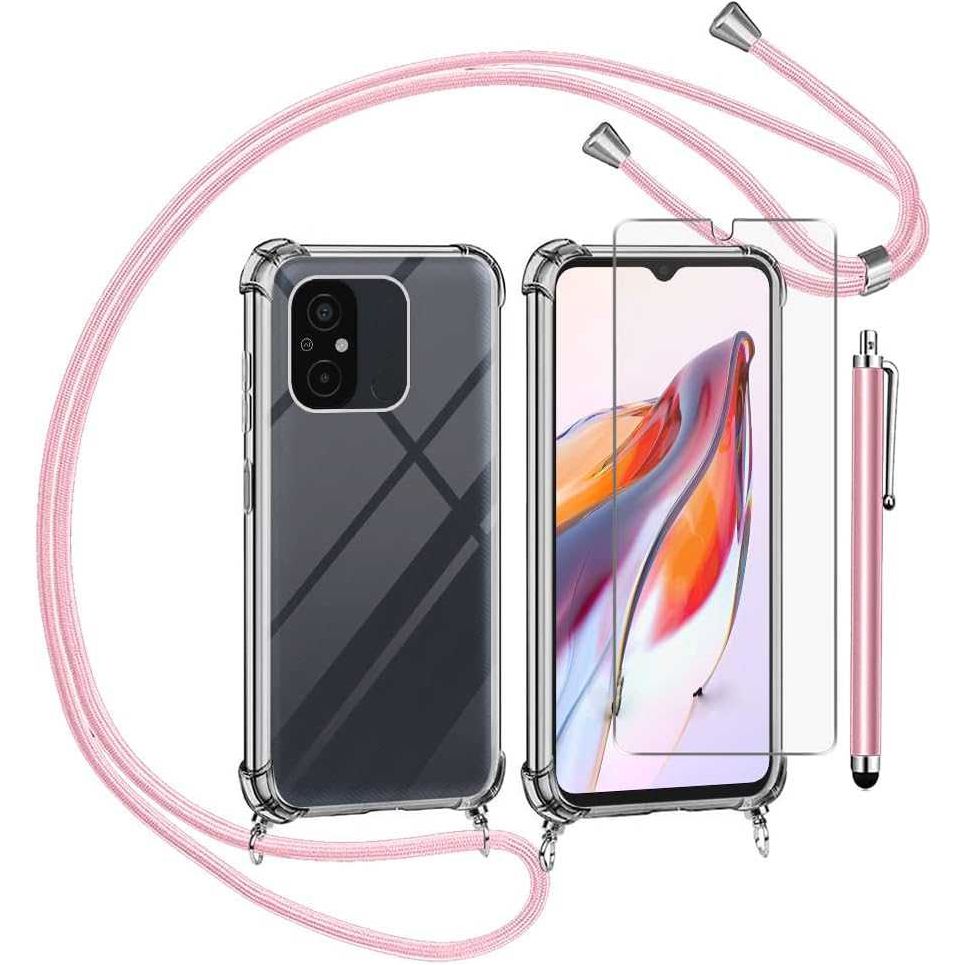 Schokbestendige Siliconen Hoes met Ketting voor Xiaomi Redmi 12C - Verstelbare Nekkoord, Transparant met Gehard Glas Schermbeschermer - Zwart of Roze