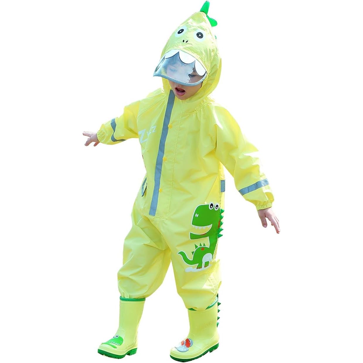 Ademende Kinderen Regenjas - T-Rex Dinosaurus -  Jongens Meisjes - Regenoverall met Capuchon en Reflectoren - Waterdichte Regenponcho - Schattig Dierenpatroon - Lichtgewicht en Herbruikbaar - Voor Kinderen 3-5 Jaar - voor School en Outdoor Activiteiten