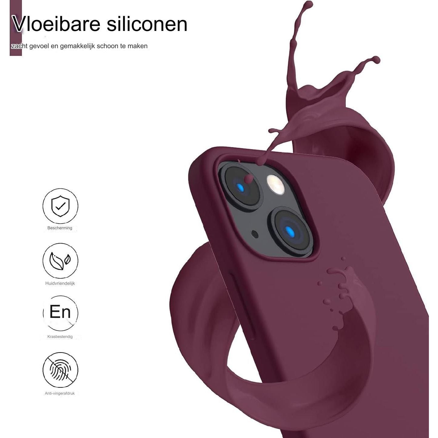 Karakter Ultra-Beschermende 3-Lagen Vloeibare Siliconen Hoesje voor iPhone 13 Mini - Volledig Bedekt Zachte Gelrubberen Hoes met Microfiber Voering - 5.4 Inch - Wijnrood - Luxe Beschermhoesje met Zachte Textuur - Precieze Pasvorm - Duurzame Bescherming
