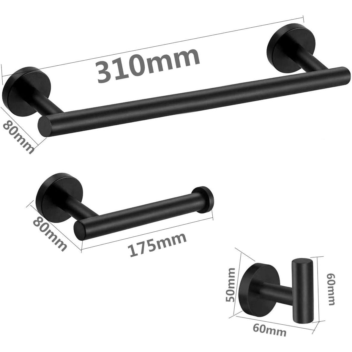 3 Delige - RVS Badkamerset - Wandmontage - Inclusief - Handdoekhouder / Toiletrolhouder / Robehaken - Duurzaam & Roestvrij - Badkameraccessoires Kit - Zwart