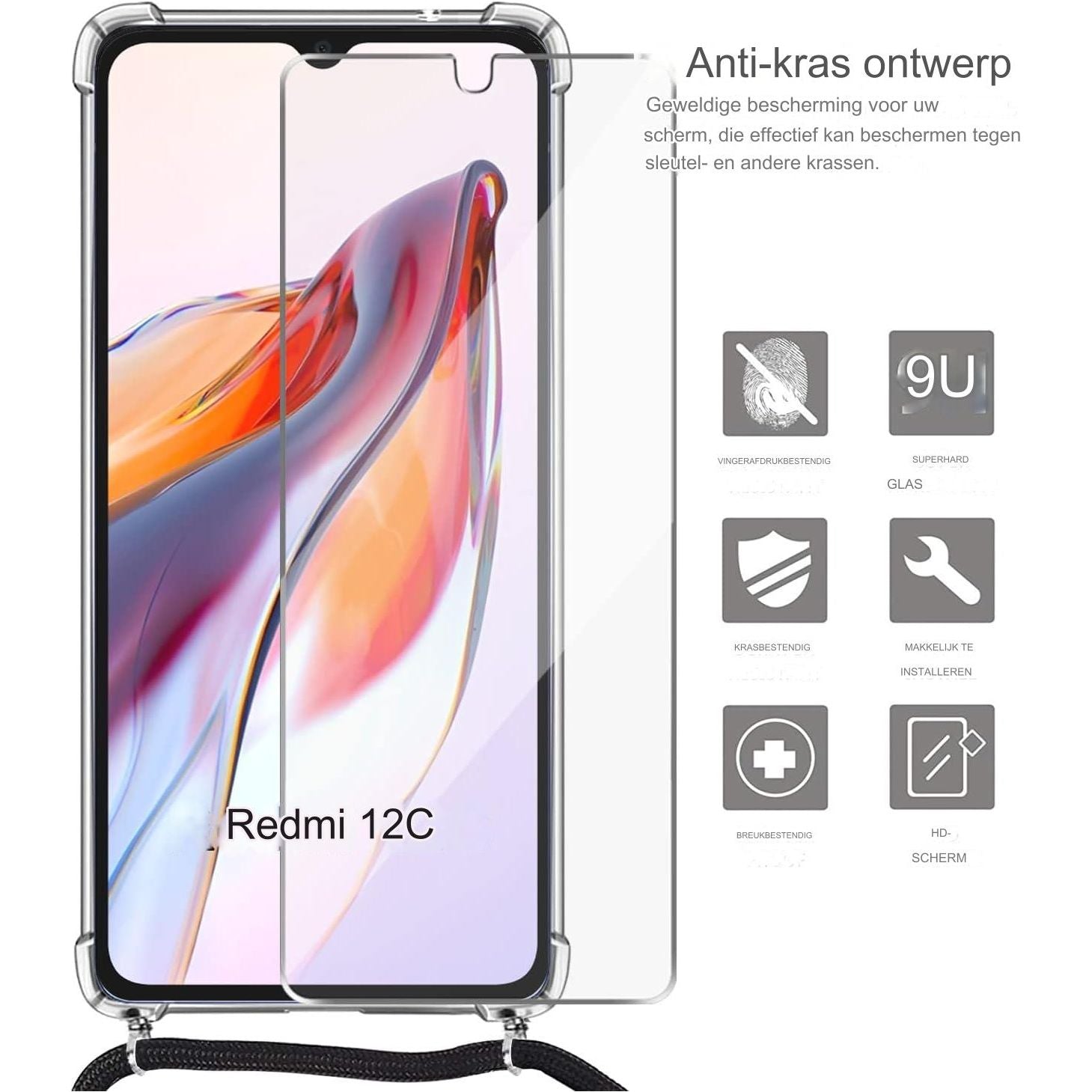 Schokbestendige Siliconen Hoes met Ketting voor Xiaomi Redmi 12C - Verstelbare Nekkoord, Transparant met Gehard Glas Schermbeschermer - Zwart of Roze