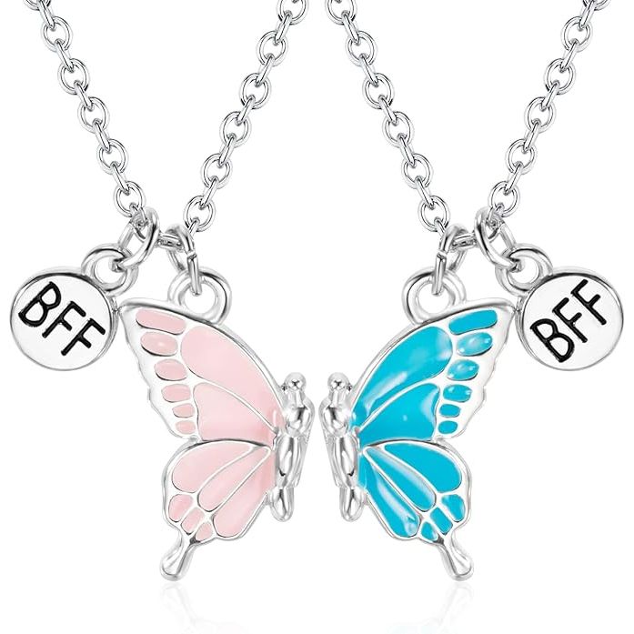 2 Stuks - Vriendschapsketting Voor Vrouwen - Bff Kettingen Voor 2 Meiden - Zilveren Vlinderhanger Ketting - Mode Sieraden - Ketting Met Hartvormige Puzzelhanger - Persoonlijke Sieraden - Meerkleurige Kettingen - Blauw Roze