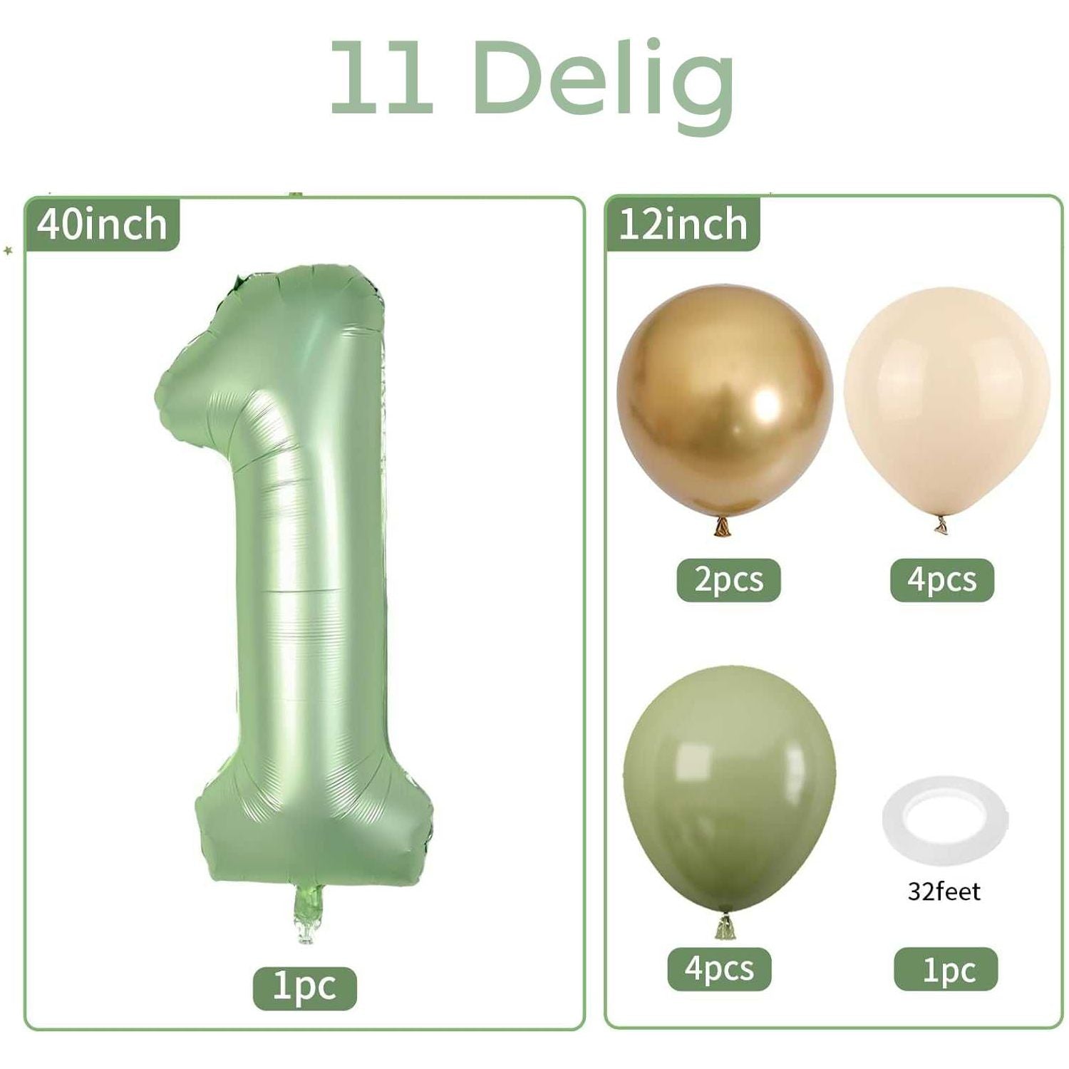 100 cm - Nummer 1 Ballon - Salie Groen - 1e Verjaardag Ballonnen Set - Retro Zand Wit - Avocado Groen - Goudkleurige Latex Ballonnen - 1 Folie Ballon - Babyshower - Jungle Thema Verjaardag Decoratie - Herbruikbare Ballonnen Voor Jongens En Meisjes