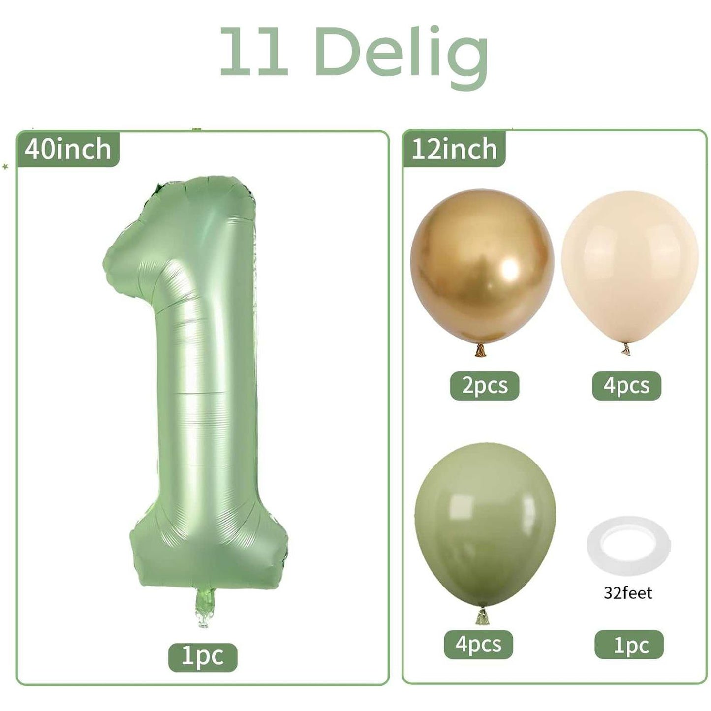 100 cm - Nummer 1 Ballon - Salie Groen - 1e Verjaardag Ballonnen Set - Retro Zand Wit - Avocado Groen - Goudkleurige Latex Ballonnen - 1 Folie Ballon - Babyshower - Jungle Thema Verjaardag Decoratie - Herbruikbare Ballonnen Voor Jongens En Meisjes